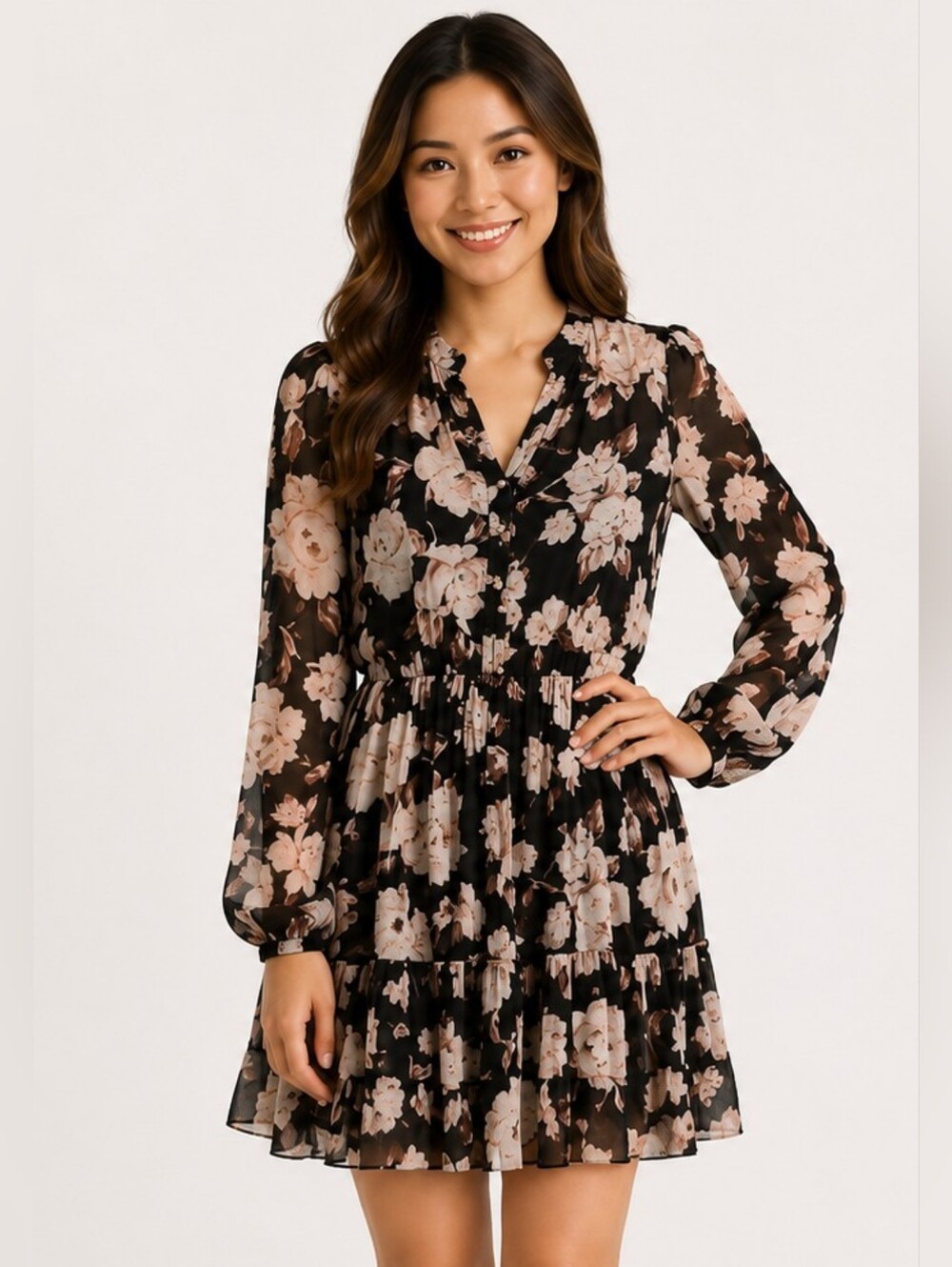 Ever New Black and Cream Floral Long Sleeve Dress Size 2 (XS)